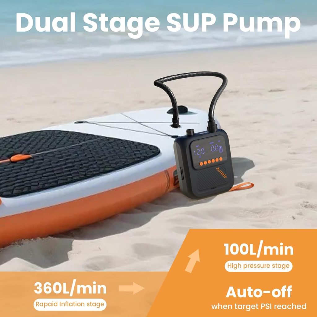 Portable Rechargeable Electric SUP Paddle Board Pump, Intelligent Dual Stage InflationDeflation, Up to 20PSI and Auto-Off for Stand UP Paddle Boards, Kayaks, Tents Portable Rechargeable Electric SUP Paddle Board Pump, Intelligent Dual Stage InflationDeflation, Up to 20PSI and Auto-Off for Stand UP Paddle Boards, Kayaks, Tents