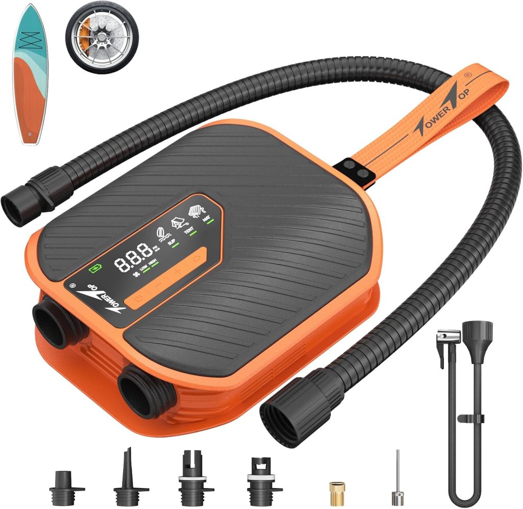TowerTop 10500mAh Electric Paddle Board Pump-50PSI Rechargeable Sup/Car Pump Dual Stage (Inflation Deflation) with Cooling Fan, 8 Nozzles, HD LCD Display - for Paddle Boards, Inflatables, Kayaks,Car TowerTop 10500mAh Electric Paddle Board Pump-50PSI Rechargeable Sup/Car Pump Dual Stage (Inflation Deflation) with Cooling Fan, 8 Nozzles, HD LCD Display - for Paddle Boards, Inflatables, Kayaks,Car