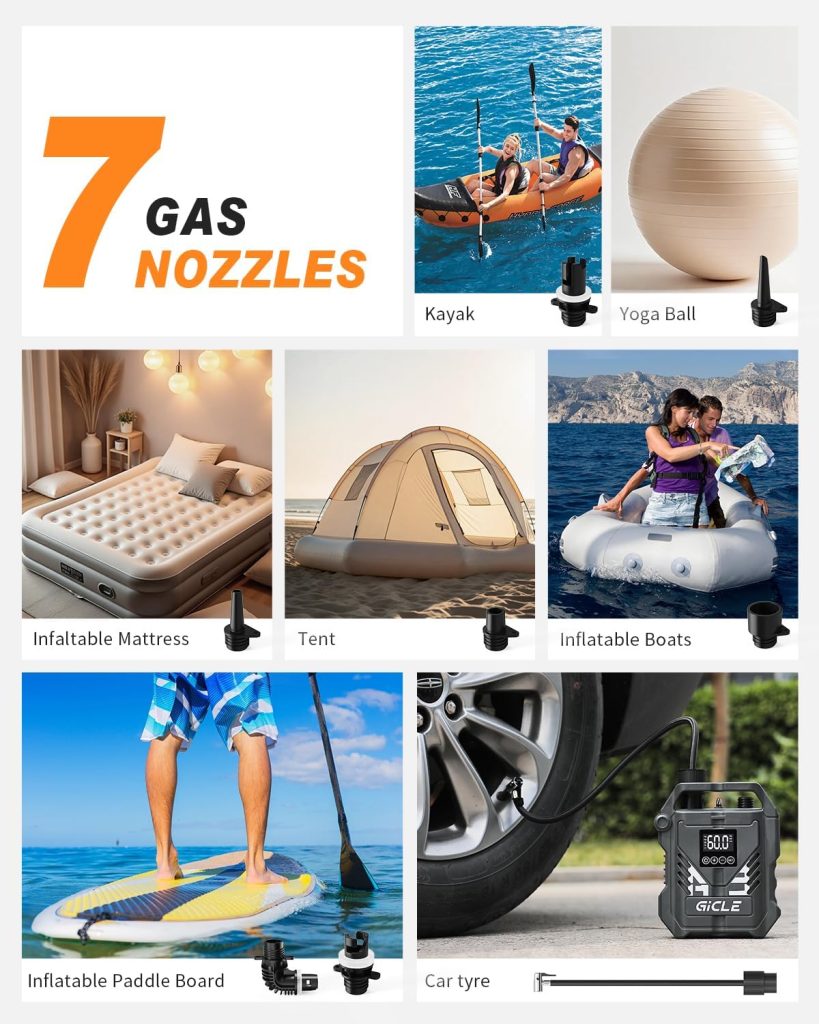 GICLE 60PSI Paddle Board Pump Electric SUP Pump, Dual Stage Fast Inflation Auto-Off with 12V DC Car Connector for Paddleboard, Tire, Boat, Tent GICLE 60PSI Paddle Board Pump Electric SUP Pump, Dual Stage Fast Inflation Auto-Off with 12V DC Car Connector for Paddleboard, Tire, Boat, Tent