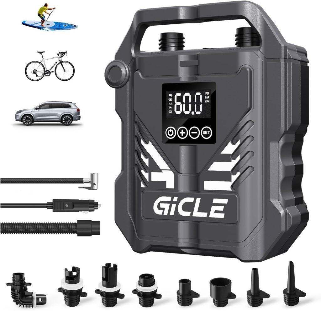 GICLE 60PSI Paddle Board Pump Electric SUP Pump, Dual Stage Fast Inflation Auto-Off with 12V DC Car Connector for Paddleboard, Tire, Boat, Tent GICLE 60PSI Paddle Board Pump Electric SUP Pump, Dual Stage Fast Inflation Auto-Off with 12V DC Car Connector for Paddleboard, Tire, Boat, Tent
