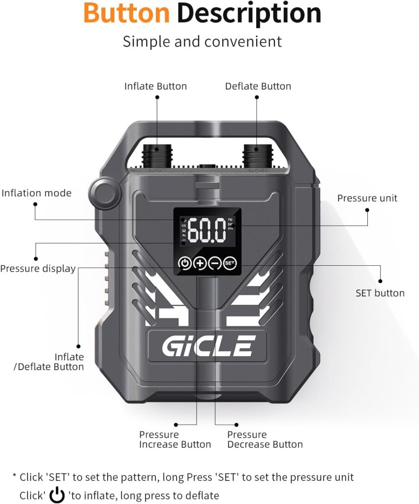 GICLE 60PSI Paddle Board Pump Electric SUP Pump, Dual Stage Fast Inflation Auto-Off with 12V DC Car Connector for Paddleboard, Tire, Boat, Tent GICLE 60PSI Paddle Board Pump Electric SUP Pump, Dual Stage Fast Inflation Auto-Off with 12V DC Car Connector for Paddleboard, Tire, Boat, Tent