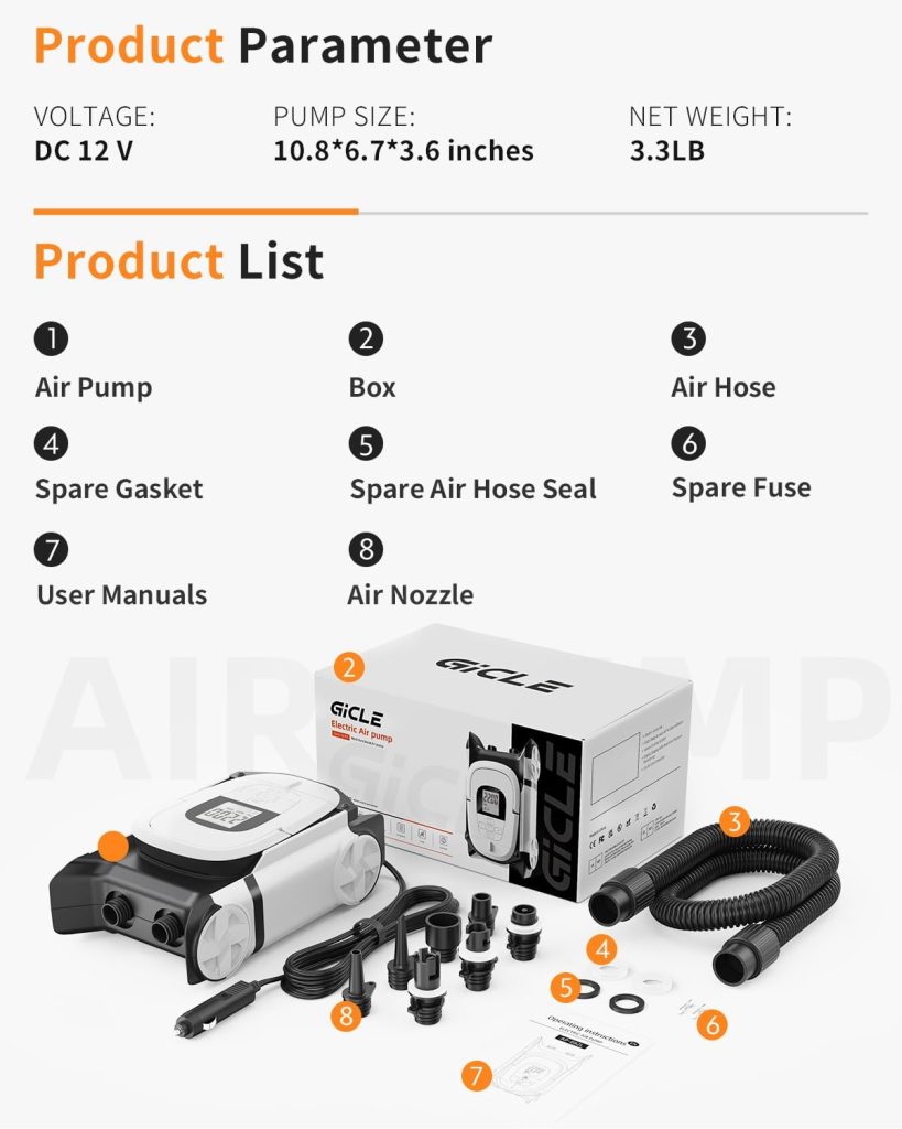 GICLE Paddle Board Pump Electric 12V DC, SUP Air Pump with Dual Stage Fast Inflation Auto-Off, Electric Air Pump for Inflatable Paddle Board, Boat, Kayak, Air Mattress,Tents GICLE Paddle Board Pump Electric 12V DC, SUP Air Pump with Dual Stage Fast Inflation Auto-Off, Electric Air Pump for Inflatable Paddle Board, Boat, Kayak, Air Mattress,Tents