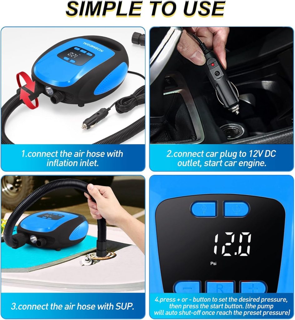 kosmegal Paddle Board Pump Electric Portable, SUP Pump for Paddleboard, 20PSI Air Compressor with Auto-Off, Deflation Function and 12V DC Car Connector for Inflatables, Kayaks and Boats kosmegal Paddle Board Pump Electric Portable, SUP Pump for Paddleboard, 20PSI Air Compressor with Auto-Off, Deflation Function and 12V DC Car Connector for Inflatables, Kayaks and Boats