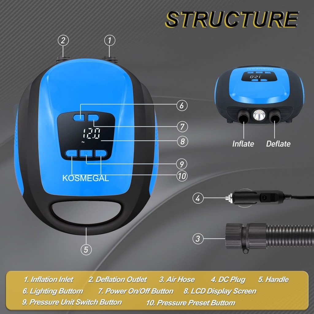 kosmegal Paddle Board Pump Electric Portable, SUP Pump for Paddleboard, 20PSI Air Compressor with Auto-Off, Deflation Function and 12V DC Car Connector for Inflatables, Kayaks and Boats kosmegal Paddle Board Pump Electric Portable, SUP Pump for Paddleboard, 20PSI Air Compressor with Auto-Off, Deflation Function and 12V DC Car Connector for Inflatables, Kayaks and Boats