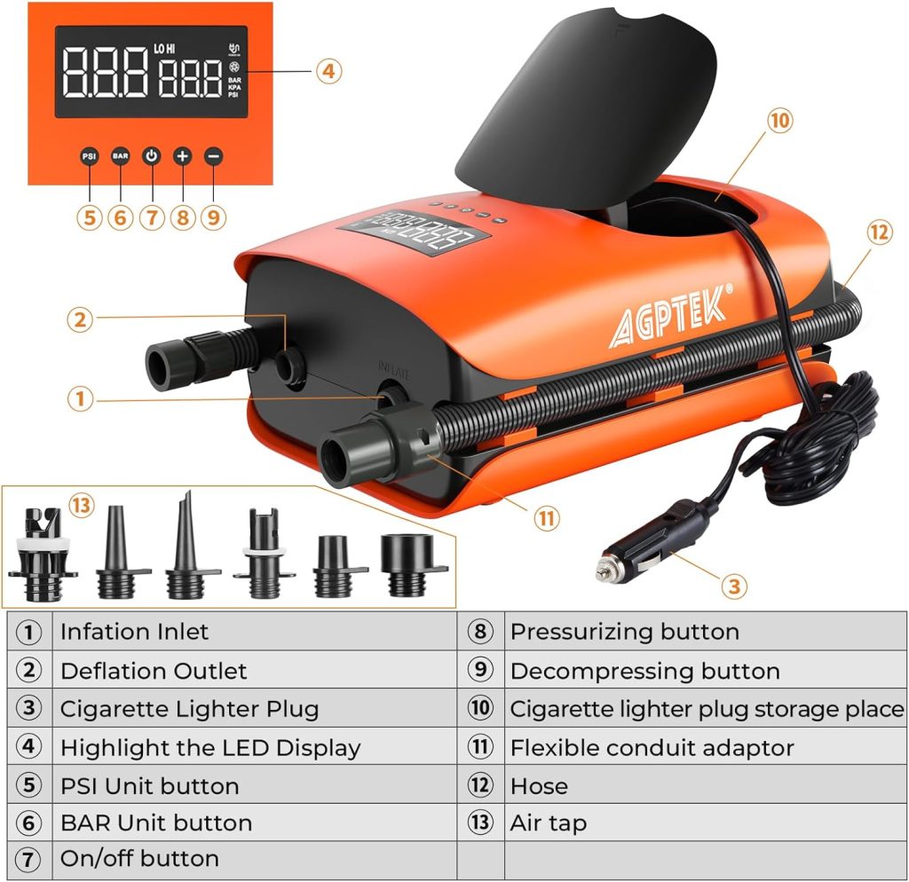 AGPTEK 22PSI High Pressure Paddle Board Pump Electric SUP Air Pump Portable Paddle Board Pump,Inflation and Deflation Function Auto-Off 12V DC Car Connector Dual Stage for Paddle Board,Boats,Inflator AGPTEK 22PSI High Pressure Paddle Board Pump Electric SUP Air Pump Portable Paddle Board Pump,Inflation and Deflation Function Auto-Off 12V DC Car Connector Dual Stage for Paddle Board,Boats,Inflator