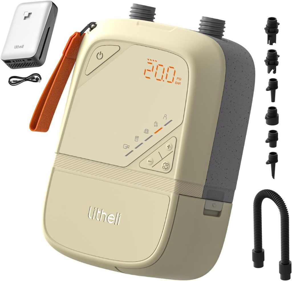 Litheli 20PSI Electric SUP Pump, Rechargeable Battery 12V Car Powered, Dual Stage Inflation Deflation Auto-Off, Portable Air Pump for Paddle Board Kayak Tent Inflatable Bed Litheli 20PSI Electric SUP Pump, Rechargeable Battery 12V Car Powered, Dual Stage Inflation Deflation Auto-Off, Portable Air Pump for Paddle Board Kayak Tent Inflatable Bed