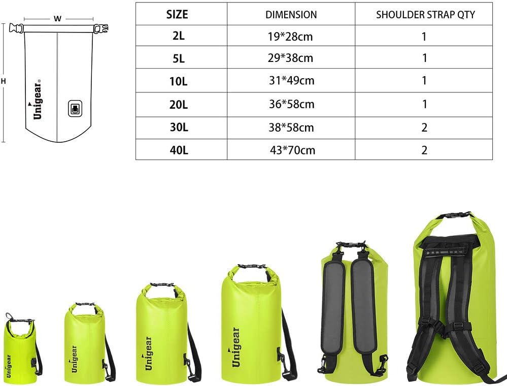 Unigear Dry Bag Waterproof, 2L/5L/10L/20L/30L/40L Floating and Lightweight Bags for Kayaking, Boating, Fishing, Swimming and Camping with Waterproof Phone Case Unigear Dry Bag Waterproof, 2L/5L/10L/20L/30L/40L Floating and Lightweight Bags for Kayaking, Boating, Fishing, Swimming and Camping with Waterproof Phone Case
