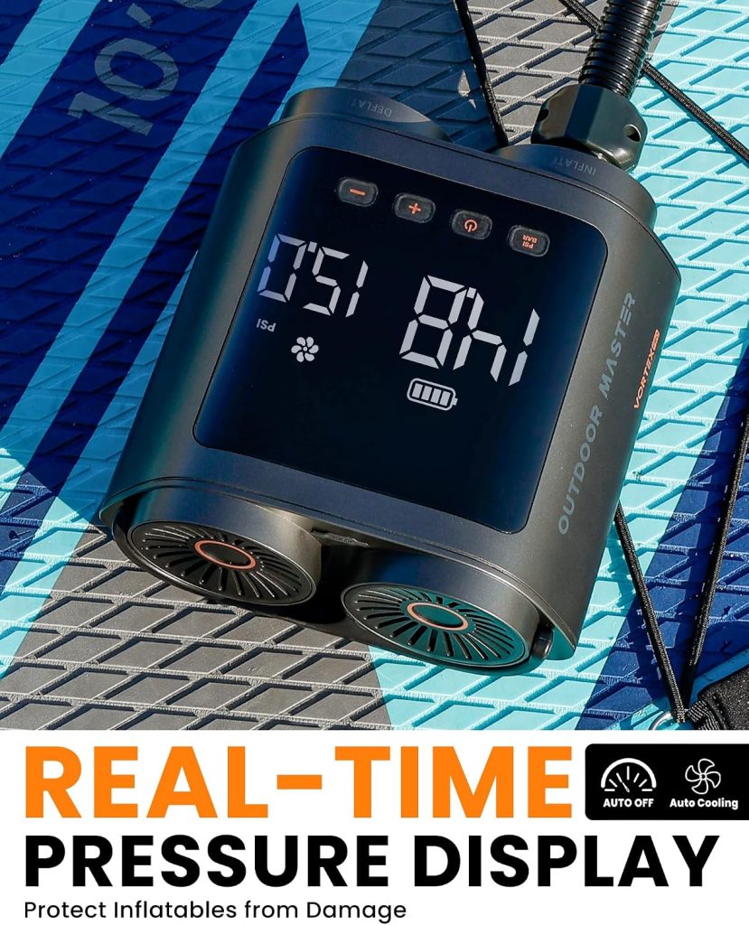 OutdoorMaster Vortex Pro 57.7Wh Rechargeable Paddle Board Pump Portable, Electric SUP Pump Battery for SUPs Inflation Deflation, Max 20PSI 12V/15.8V DC Type-C Input, Nozzles for Inflatables OutdoorMaster Vortex Pro 57.7Wh Rechargeable Paddle Board Pump Portable, Electric SUP Pump Battery for SUPs Inflation Deflation, Max 20PSI 12V/15.8V DC Type-C Input, Nozzles for Inflatables