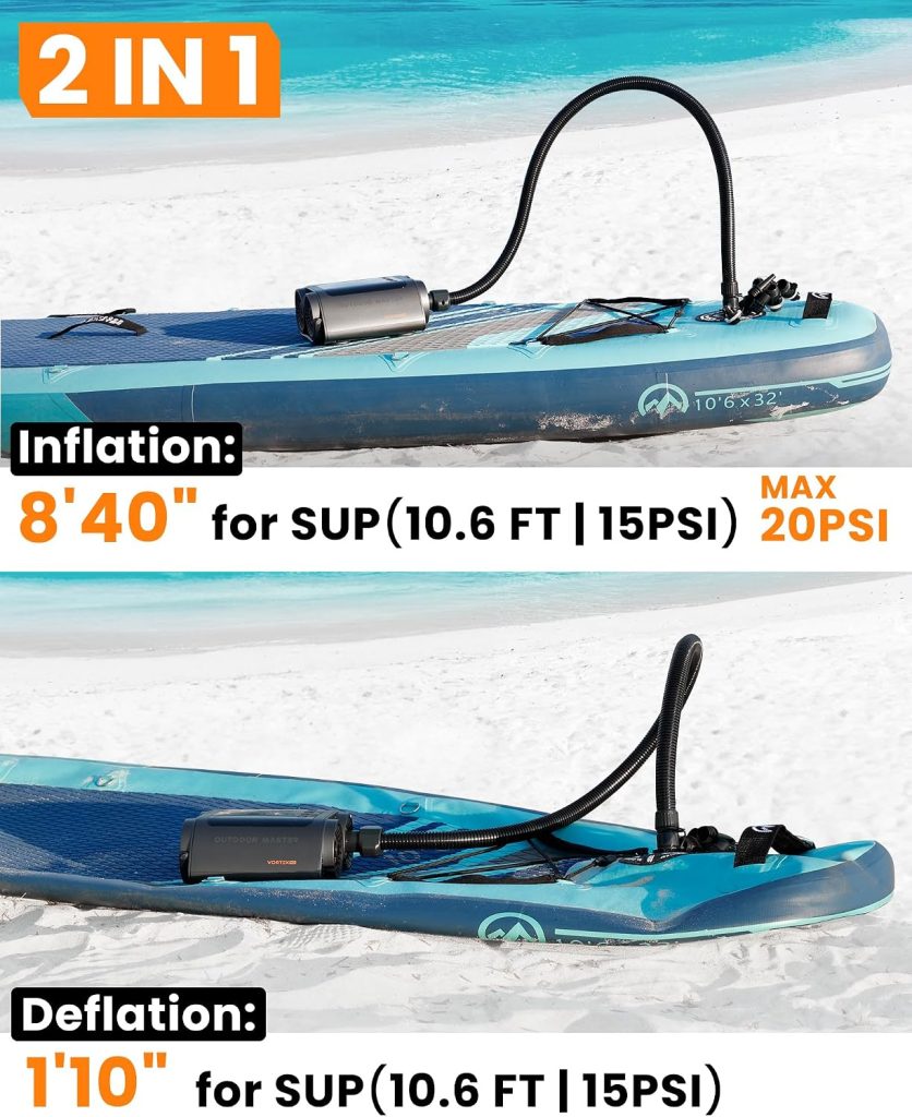 OutdoorMaster Vortex Pro 57.7Wh Rechargeable Paddle Board Pump Portable, Electric SUP Pump Battery for SUPs Inflation Deflation, Max 20PSI 12V/15.8V DC Type-C Input, Nozzles for Inflatables OutdoorMaster Vortex Pro 57.7Wh Rechargeable Paddle Board Pump Portable, Electric SUP Pump Battery for SUPs Inflation Deflation, Max 20PSI 12V/15.8V DC Type-C Input, Nozzles for Inflatables