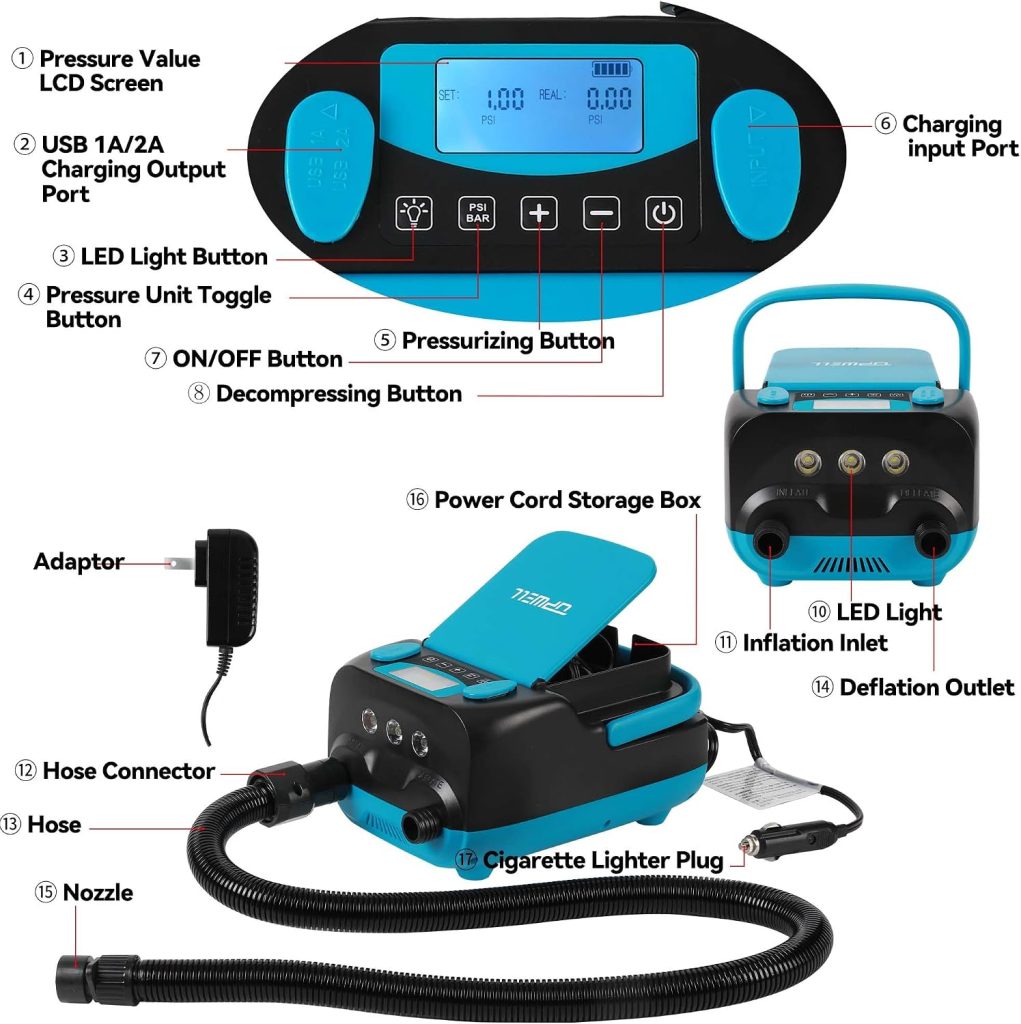 UPWELL Rechargeable Paddle Board Pump 16PSI Sup Air Pump with 6000mah Battery, 12V DC Car Connector Intelligent Dual Stage Inflation Auto-Off Feature, Deflation Function UPWELL Rechargeable Paddle Board Pump 16PSI Sup Air Pump with 6000mah Battery, 12V DC Car Connector Intelligent Dual Stage Inflation Auto-Off Feature, Deflation Function