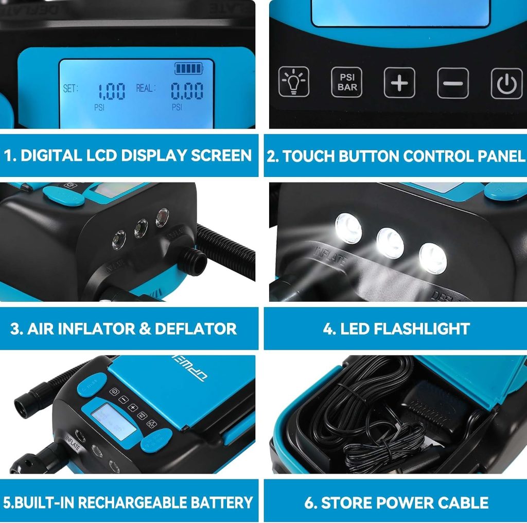 UPWELL Rechargeable Paddle Board Pump 16PSI Sup Air Pump with 6000mah Battery, 12V DC Car Connector Intelligent Dual Stage Inflation Auto-Off Feature, Deflation Function UPWELL Rechargeable Paddle Board Pump 16PSI Sup Air Pump with 6000mah Battery, 12V DC Car Connector Intelligent Dual Stage Inflation Auto-Off Feature, Deflation Function