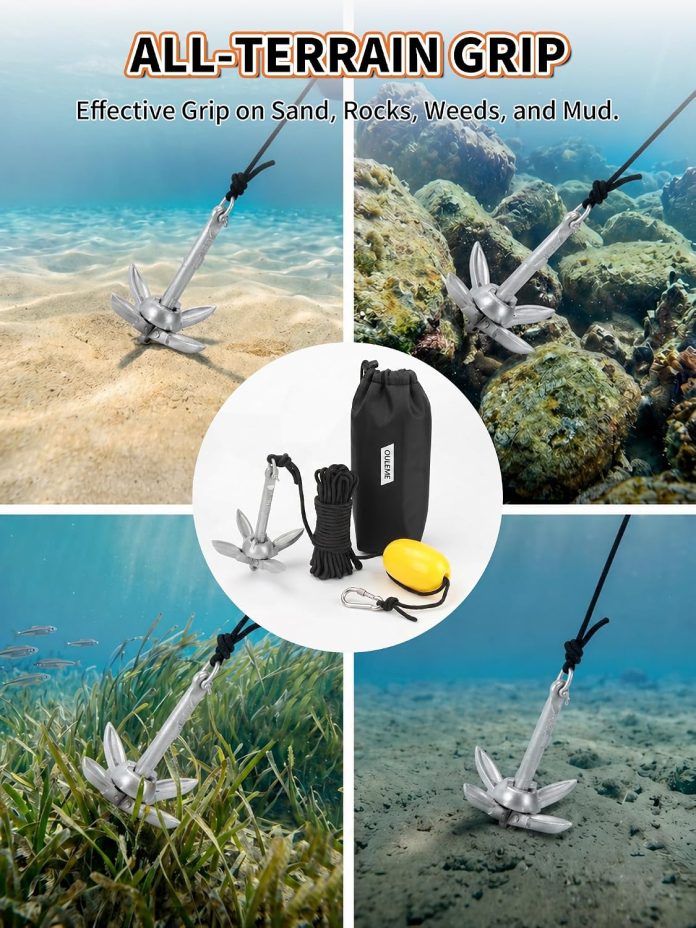 OULEME 1.5/3.5 LB Folding Grapnel Anchor Kit with FT Rope & Buoy, for Boat, Kayak, Canoe, Small Watercraft, SUP, PWC, Jet OULEME 1.5/3.5 LB Folding Grapnel Anchor Kit with FT Rope & Buoy, for Boat, Kayak, Canoe, Small Watercraft, SUP, PWC, Jet